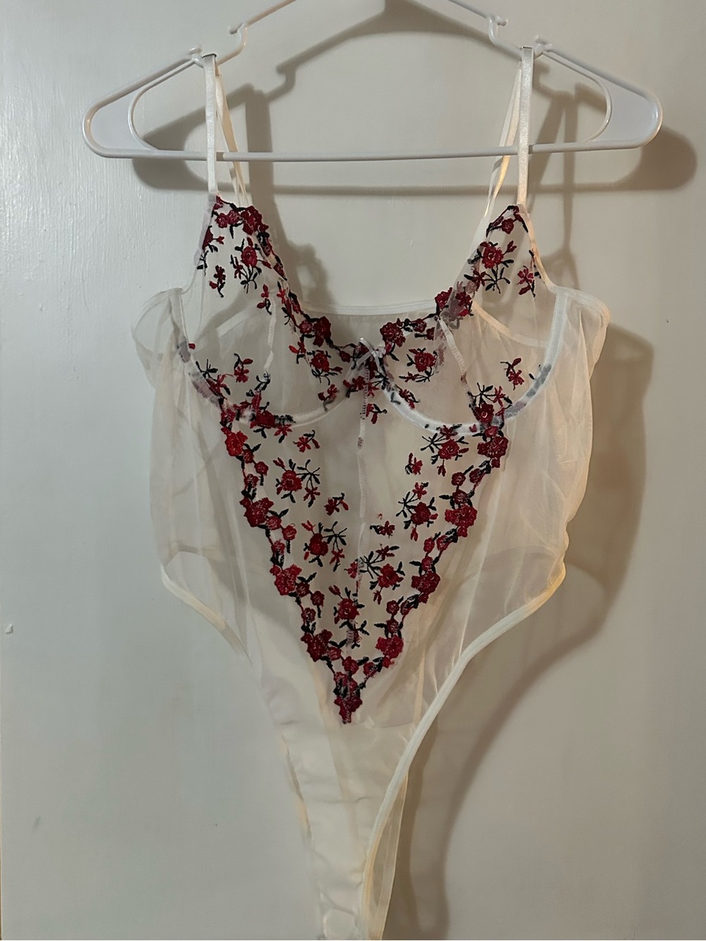 Sheer Bodysuit with Red Floral Embroidery